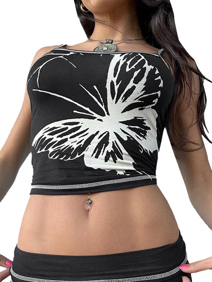 LVSANW COUTENOVA Street Sexy Hottie Butterfly Pattern Offset Print Sleeveless Short Camisole Top Women 2024 Pullover Tight Top