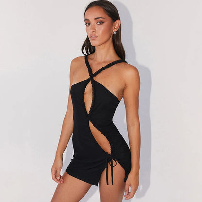 LVSANW CUTENOVA 2024 Hottie Hot Summer Sexy Halter Backless Sleeveless Hollow Out Bandage Min Dress For Women Elegant Club Party Slit D