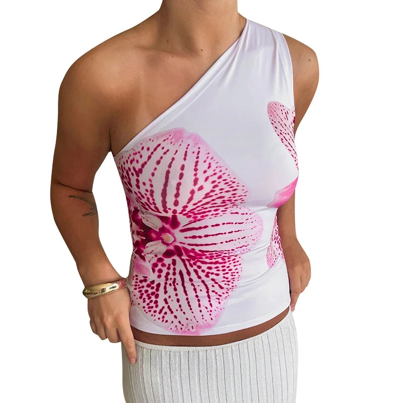 LVSANW CUTENOVA Floral Print Fitted Tops Women Resort Wear Graphic Tees Summer 2024 Casual One Shoulder Slash Backless Tank Top