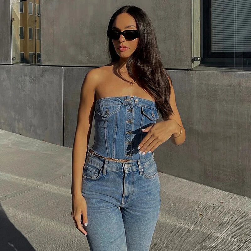 LVSANW CUTENOVA Solid Denim Pocket Design Button Vest Women Casual Bare Midriff Wrapped Chest Sleeveless Crop Tops Streetwear Tanks