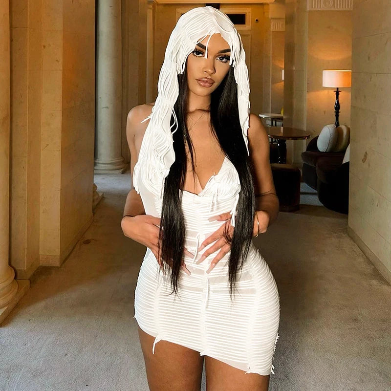 LVSANW CUTENOVA White Hooded  Swinging Collar Sleeveless Tassel Design Cascading Elegant  Women Urban Style Chemise Frock Dress