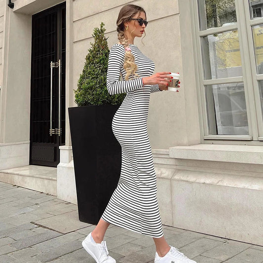 LVSANW CUTENOVA Women Black White Stripes Slim Casual Dress O Neck Backless Long Sleeve Dress Autumn Harajuku Street Elegant Outfits