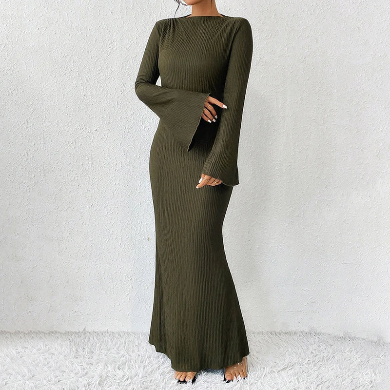 LVSANW CUTENOVA Women Elegant Solid Flare Sleeves Mermaid Long Dresses Low Waist Hipster Occasion Trumpet Dress Casual Spring Outwear