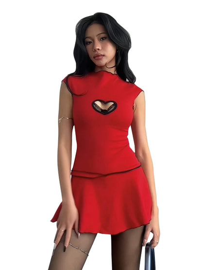 LVSANW CUTENOVA Y2K Love Hollow Out Sexy Sleeveless Mini Dresses Red Harujuku Fashion Cute Red Dress 2024 Summer Outfit Women Clothes