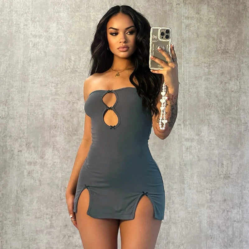 LVSANW CUTENOVA Y2K Sexy Mini Dress Women Summer Hottie Hollow Out Strapless Solid Color Pullover Dresses Streetwear 2024 Women Clothin