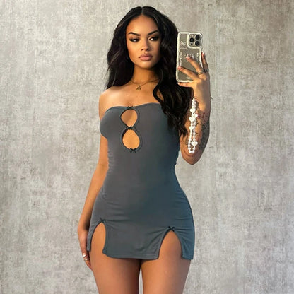 LVSANW CUTENOVA Y2K Sexy Mini Dress Women Summer Hottie Hollow Out Strapless Solid Color Pullover Dresses Streetwear 2024 Women Clothin