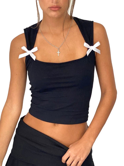 LVSANW CUTENOVA Y2K Women'S Bow Tie-Up Tank Tops Wide Shoulder Straps Bandage Camisole Sexy Low Cut Crop Tops Female Vest Tops Clubwear