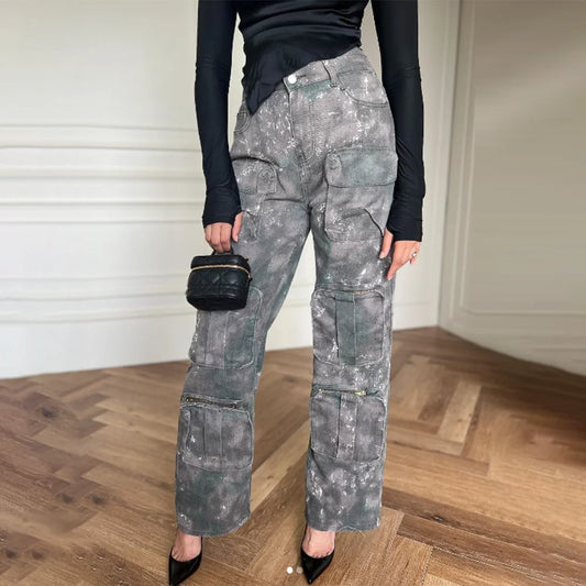 LVSANW Camouflage Patchwork Pockets Denim Cargo Pants for Women High Waist Minimalist Loose Wide Leg Jeans Female Fashion Style