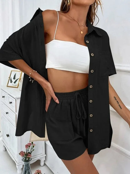 LVSANW Casual Cotton Short Set Women Spring Summer Fashion Short Sleeve Shirt With Shorts Two Piece Set Office Elegant Loose Suit Black