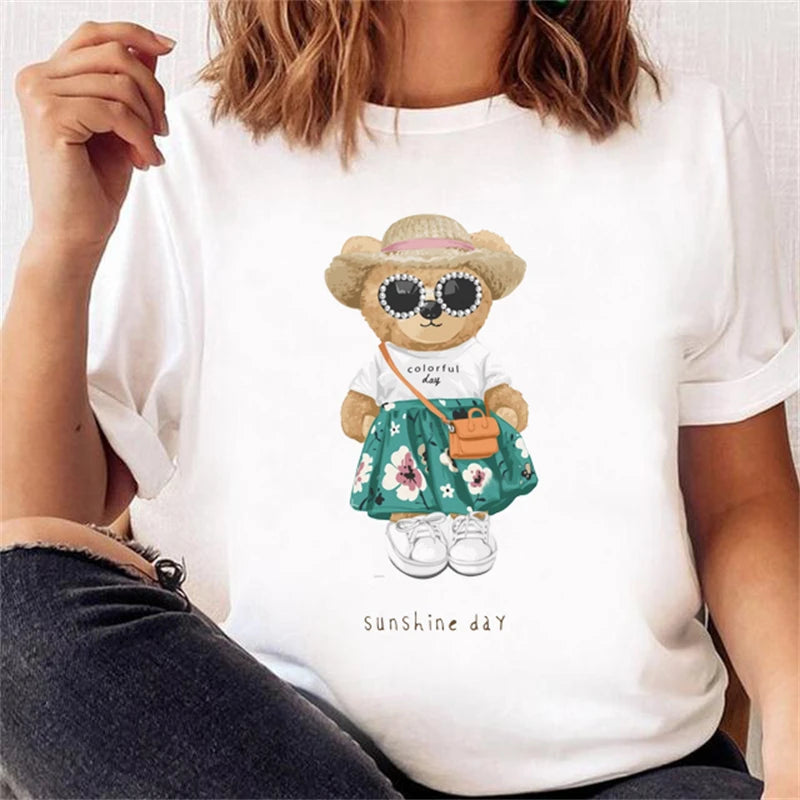 LVSANW Casual Cute Bear Trend Cute Style Women's Short Sleeve Printed T-shirt Pattern T-shirt Top Fashion Summer Spring Printed Clothin