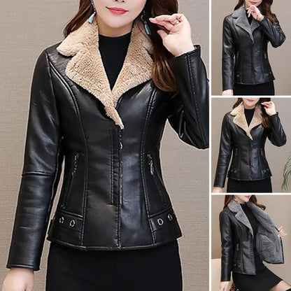 LVSANW Casual Faux Leather Jacket Women Jacket Warm Plush Faux Leather Women's Jacket with Zipper Pockets Turn-down for Fall for Ladies