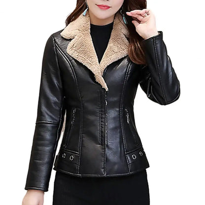 LVSANW Casual Faux Leather Jacket Women Jacket Warm Plush Faux Leather Women's Jacket with Zipper Pockets Turn-down for Fall for Ladies