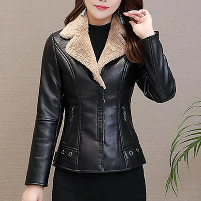 LVSANW Casual Faux Leather Jacket Women Jacket Warm Plush Faux Leather Women's Jacket with Zipper Pockets Turn-down for Fall for Ladies