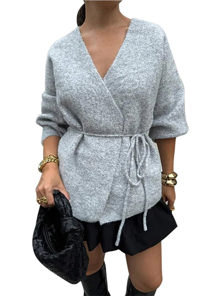 LVSANW Casual Grey Lace Up Cardigan Women Solid V Neck Long Sleeve Loose Sweater Cardigans 2024 Autumn Fashion Commuting Lady Outerwear