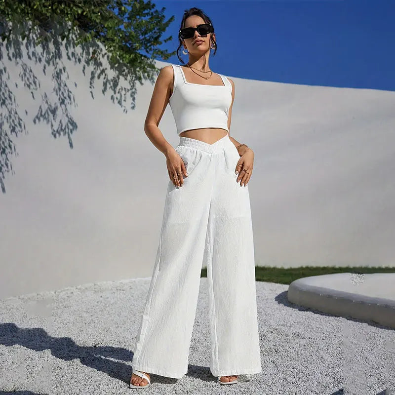 LVSANW Casual High Waist Loose Wide Leg Pant for Women Office Crisscross Sheer Female Floor-Length White Suits Pants Ladies Long Trouse