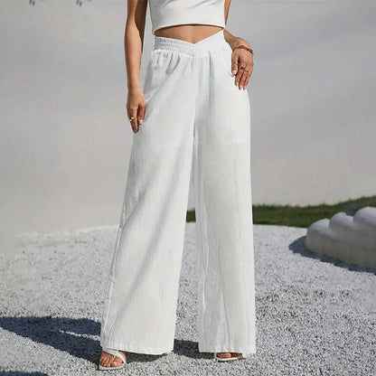 LVSANW Casual High Waist Loose Wide Leg Pant for Women Office Crisscross Sheer Female Floor-Length White Suits Pants Ladies Long Trouse