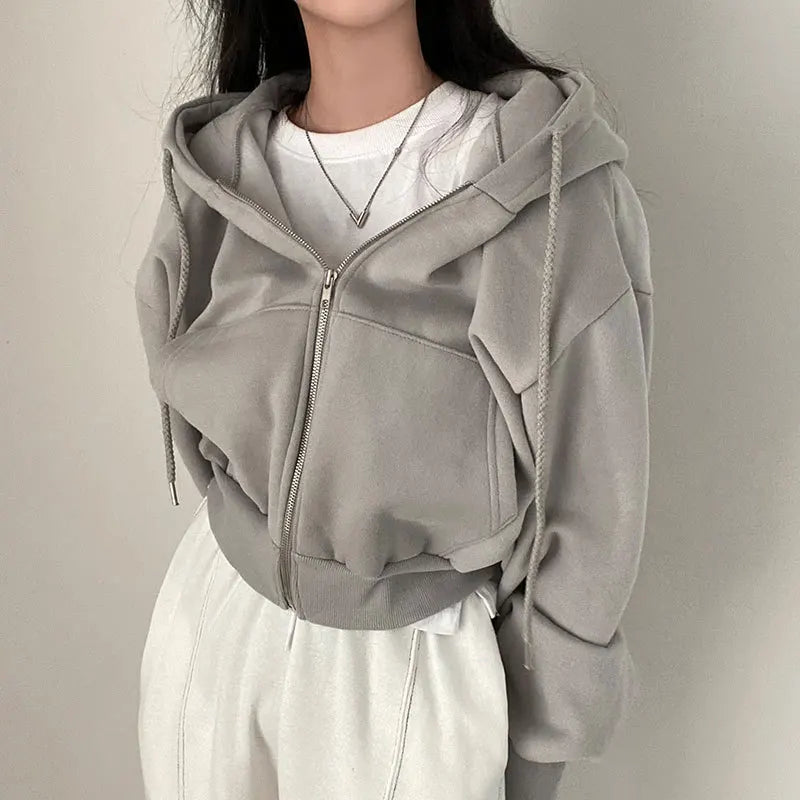 LVSANW Casual Hood Sweatshirt Women Y2K Zip Up Hoodies Solid Harajuku Long Sleeve Shirt Oversized Crop Tops Female Loose Jackets Coat