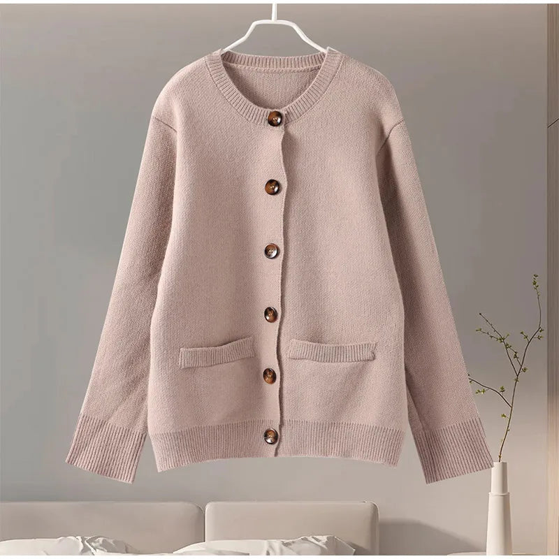 LVSANW Casual Knit Single Breasted Cardigan Women Long Flare Sleeve Slim Round Neck Solid Pocket Jacket Top 2025 Autumn Lady Knitwear