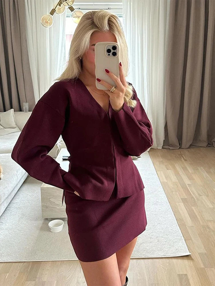 LVSANW Casual Knitted Women 2 Pieces Set V-neck Long Sleeve Sweater A-line Skirts Wine Red Female Sets 2025 Spring Fashion Lady Outfits