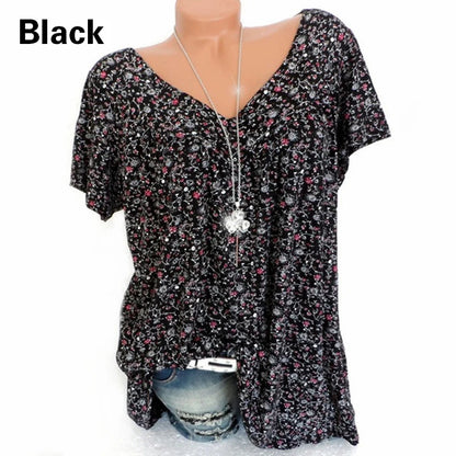 LVSANW Casual Large Size V-Neck T-Shirt Tops Fashion Women T-Shirt Summer Loose Printed Bottoming Shirt