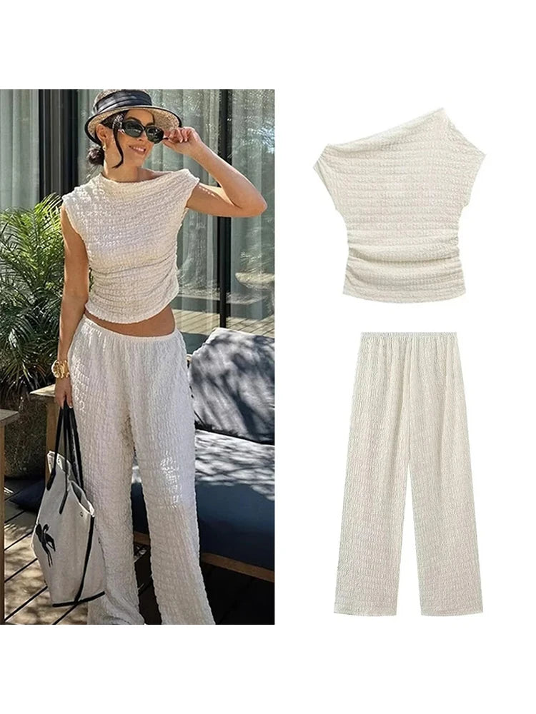 LVSANW Casual Long Pants Suit Women Loose Solid Elastic Sleeveless Irregular Sets Female Fashion High Waist Puffy Set 2 Pieces Lady