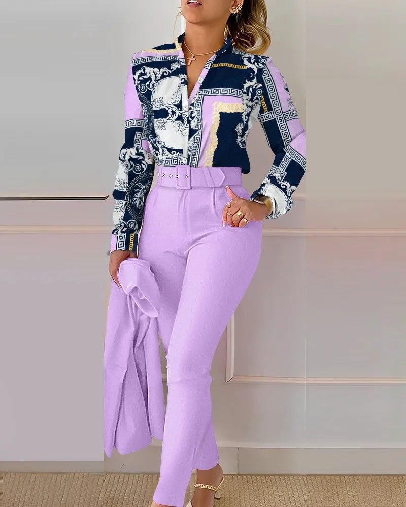 LVSANW Casual Long Sleeve Shirt Pants Set Office Lady Fashion Elegant V Neck Floral Print Trousers Two Piece Set Women Outfit 2023