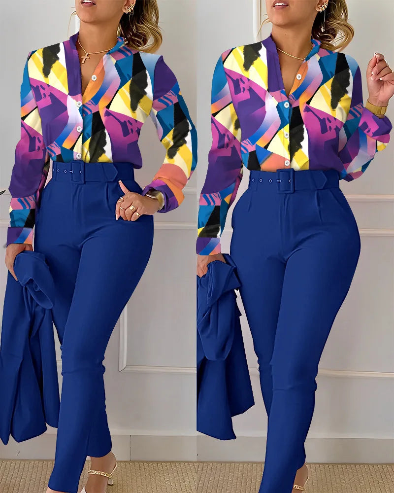 LVSANW Casual Long Sleeve Shirt Pants Set Office Lady Fashion Elegant V Neck Floral Print Trousers Two Piece Set Women Outfit 2023