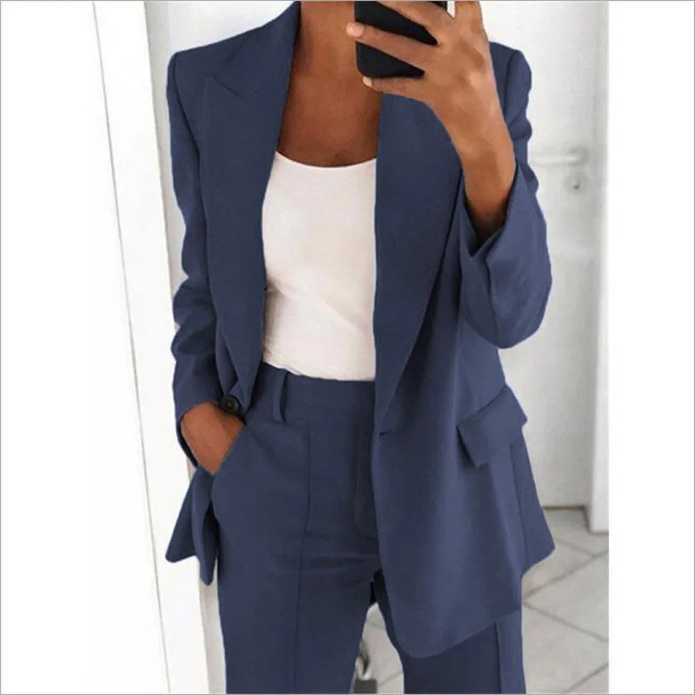 LVSANW Casual Long Sleeve Suit Coat Pants Set Office Lady Spring Autumn Solid Blouse Trouser Two Piece Set Women Outfit 2024 Tops