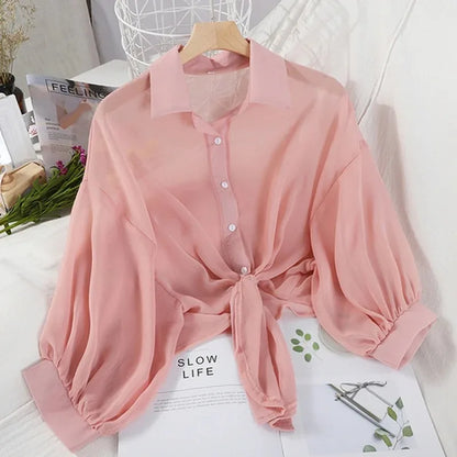 LVSANW Casual Loose Hollow White Clothes Elegant Solid Color Tied Waist Blouse Women Summer Bat Half Sleeve Button Chiffon Shirt 9776