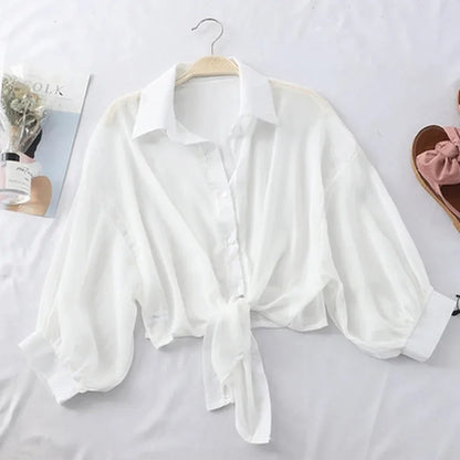 LVSANW Casual Loose Hollow White Clothes Elegant Solid Color Tied Waist Blouse Women Summer Bat Half Sleeve Button Chiffon Shirt 9776