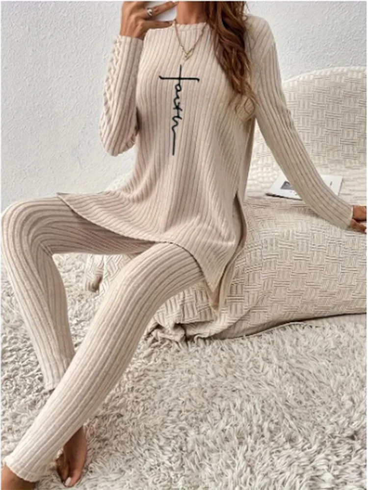 LVSANW Casual Solid Color Winter Knitted Suit Women Two-Piece Long Sleeve Split Top Slim Fit Pants Autumn Fashion Set