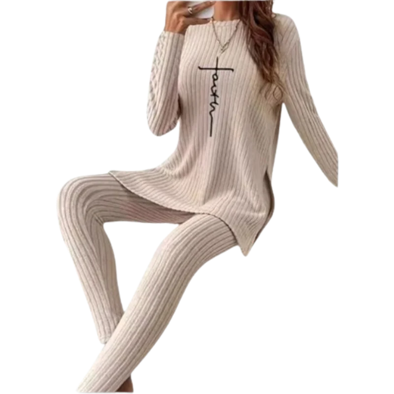 LVSANW Casual Solid Color Winter Knitted Suit Women Two-Piece Long Sleeve Split Top Slim Fit Pants Autumn Fashion Set