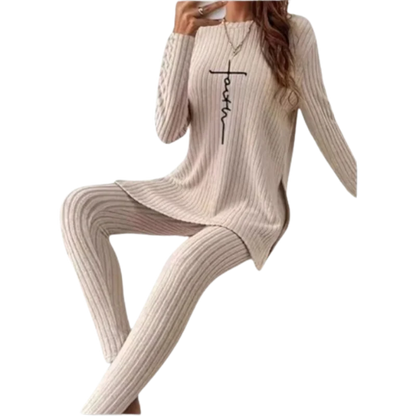 LVSANW Casual Solid Color Winter Knitted Suit Women Two-Piece Long Sleeve Split Top Slim Fit Pants Autumn Fashion Set