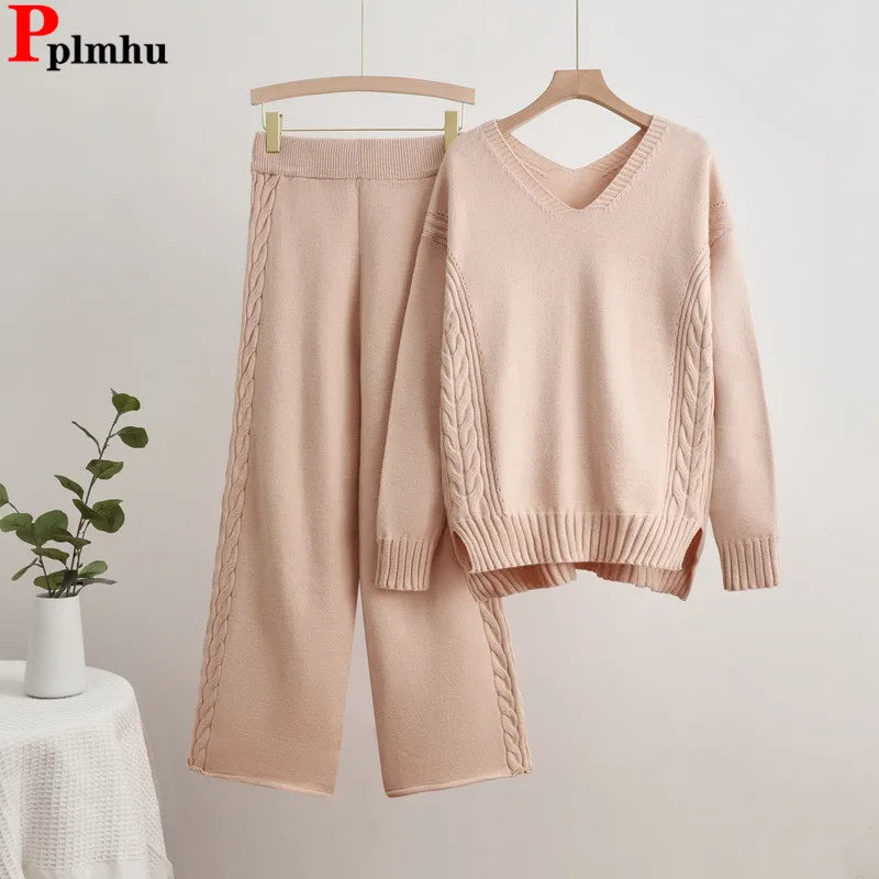 LVSANW Casual Solid Knitted 2 Piece Sets Women V-neck Long Sleeve Sweater Pullover Tops Conjuntos High Waist Wide Leg Pants Outfit New