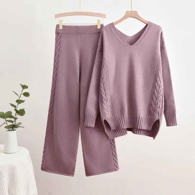 LVSANW Casual Solid Knitted 2 Piece Sets Women V-neck Long Sleeve Sweater Pullover Tops Conjuntos High Waist Wide Leg Pants Outfit New