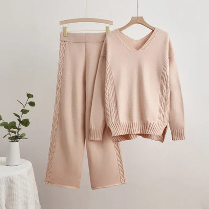 LVSANW Casual Solid Knitted 2 Piece Sets Women V-neck Long Sleeve Sweater Pullover Tops Conjuntos High Waist Wide Leg Pants Outfit New