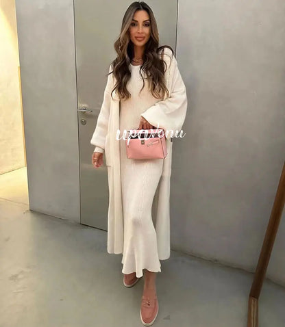 LVSANW Casual Solid Knitted Sweater Long Dress Set Women Long Sleeve Loose Long Cardigan Coat&Sleeveless Mid length Dress Two Piece Set