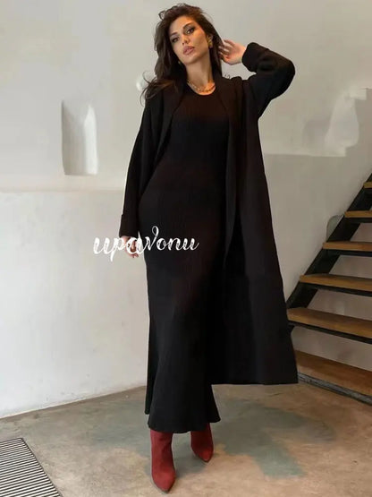 LVSANW Casual Solid Knitted Sweater Long Dress Set Women Long Sleeve Loose Long Cardigan Coat&Sleeveless Mid length Dress Two Piece Set