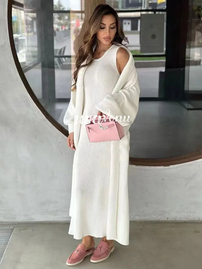 LVSANW Casual Solid Knitted Sweater Long Dress Set Women Long Sleeve Loose Long Cardigan Coat&Sleeveless Mid length Dress Two Piece Set