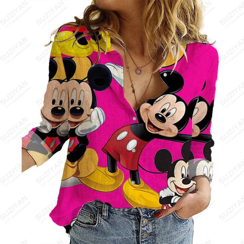 LVSANW Casual Streetwear Shirts Tops Autumn Elegant Print Shirts Long Sleeve Blouse Woman Disney Mickey Casual Work Wear Blouses