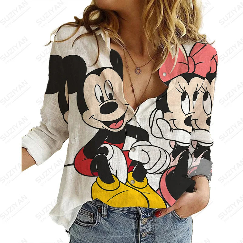 LVSANW Casual Streetwear Shirts Tops Autumn Elegant Print Shirts Long Sleeve Blouse Woman Disney Mickey Casual Work Wear Blouses