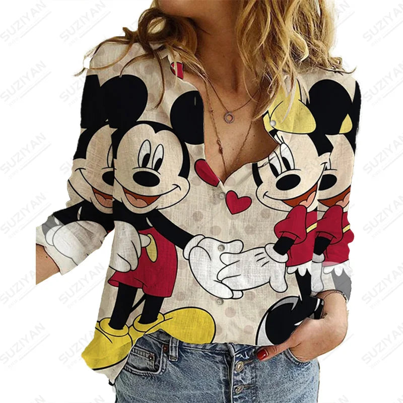 LVSANW Casual Streetwear Shirts Tops Autumn Elegant Print Shirts Long Sleeve Blouse Woman Disney Mickey Casual Work Wear Blouses