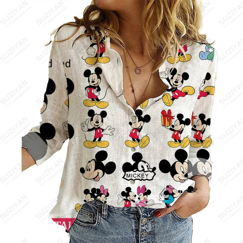 LVSANW Casual Streetwear Shirts Tops Autumn Elegant Print Shirts Long Sleeve Blouse Woman Disney Mickey Casual Work Wear Blouses