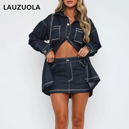 LVSANW Casual Vintage Denim Shirt Skirts Suit Outfits 2024 New Fashion 2 Piece Women Long Shirts And Mini Skirt Matching Set