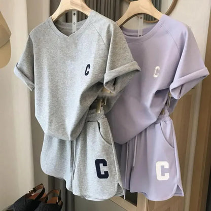 LVSANW Casual Waffle Fashion Suit Women Summer 2024 Oversize Korean Short Sleeved T-Shirt Shorts Letter Embroidery 2pcs Sets