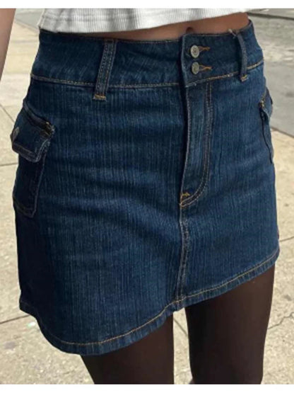 LVSANW Casual Women Fashion Blue Denim Mini Skirts 2024 Summer Vintage High Waist Side Pockets Female Bottoms Mujer