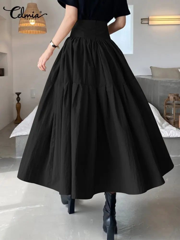 LVSANW Celmia Fashion Women High Waist Skirt Korean Pleated A-line Party Skirt 2024 Autumn Casual Loose Holiday Zipper Solid Midi Skirt