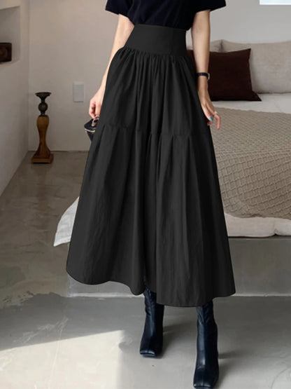 LVSANW Celmia Fashion Women High Waist Skirt Korean Pleated A-line Party Skirt 2024 Autumn Casual Loose Holiday Zipper Solid Midi Skirt