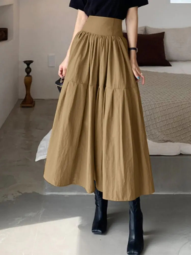 LVSANW Celmia Fashion Women High Waist Skirt Korean Pleated A-line Party Skirt 2024 Autumn Casual Loose Holiday Zipper Solid Midi Skirt