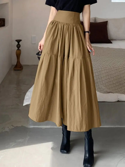 LVSANW Celmia Fashion Women High Waist Skirt Korean Pleated A-line Party Skirt 2024 Autumn Casual Loose Holiday Zipper Solid Midi Skirt